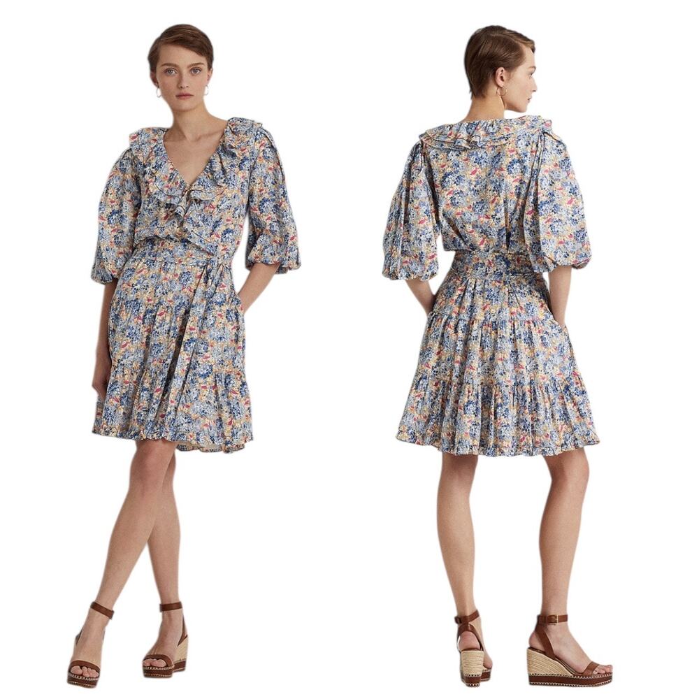 NWT Lauren ralph Lauren Size 14 Floral Ruffle-Trim Cotton Voile Lined Dress